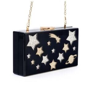 Circus Sam Edelmand Black Gold Star Celestial Acrylic Hard Shell Clutch Purse